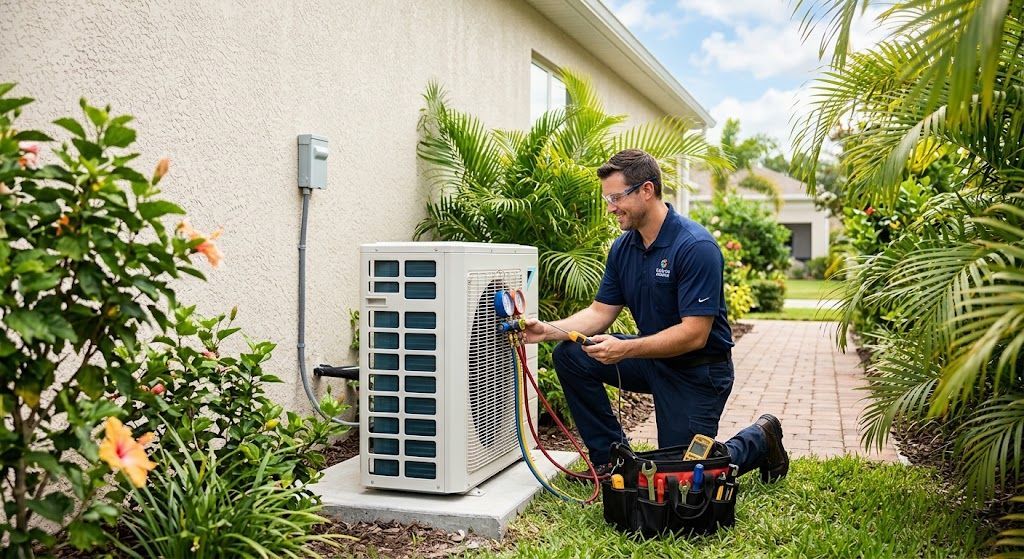 HVAC technician performing routine air conditioner maintenance on a residential Florida unit.