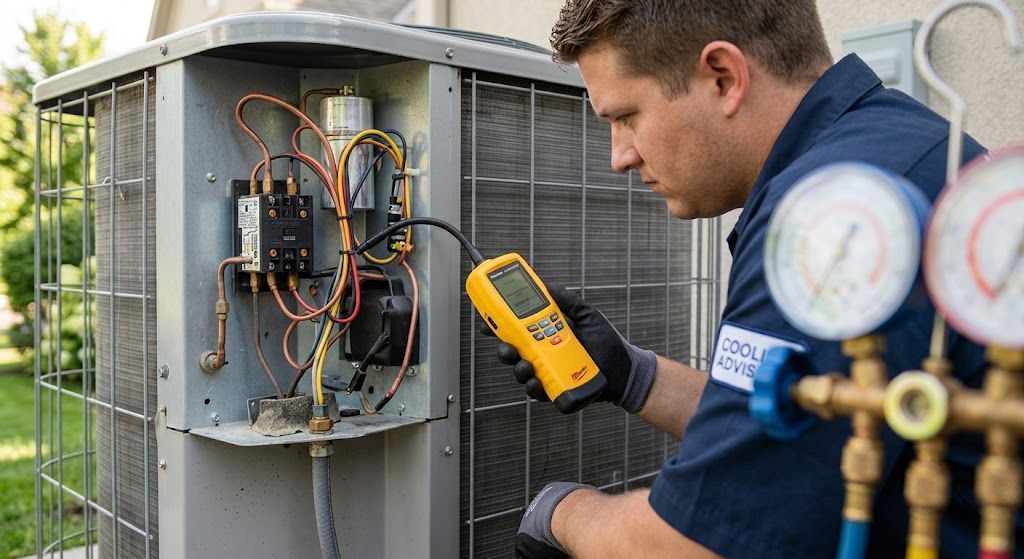Professional technician inspecting an outdoor AC unit during a home HVAC repair service