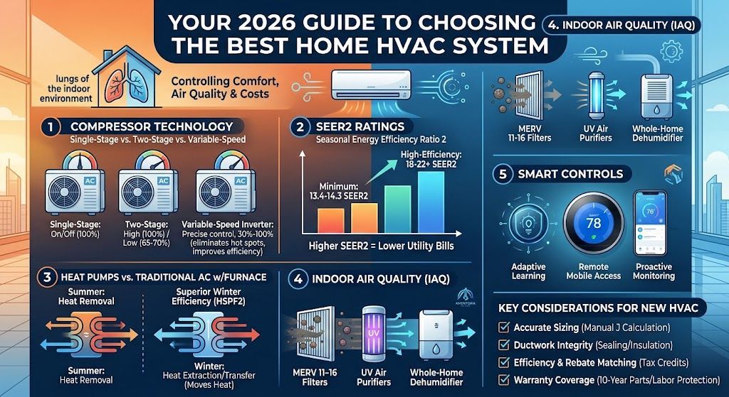 Infographic detailing HVAC compressor types, SEER2 ratings, heat pumps, and indoor air quality.