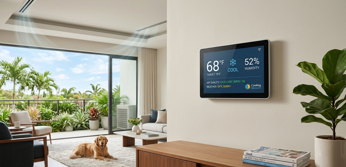 Modern home interior with smart thermostat displaying cooling settings and indoor air quality status
