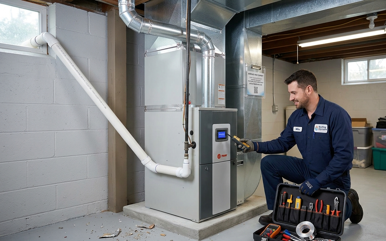Professional HVAC technician installing a modern, energy-efficient home heating furnace system.