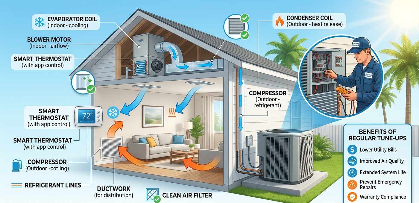 Cross-section diagram of a home HVAC system highlighting key indoor and outdoor components.