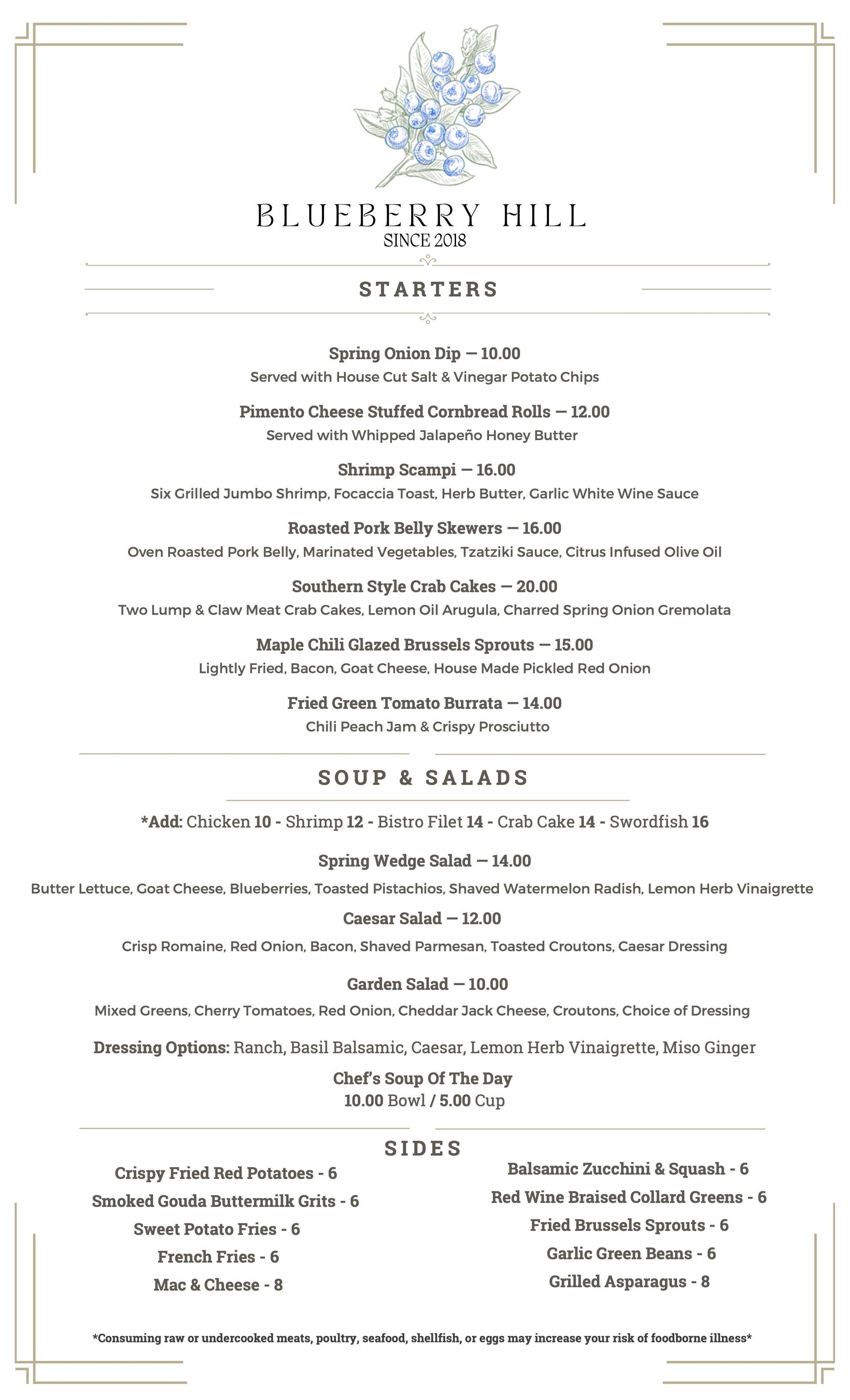A menu for a restaurant called blueberry hill.