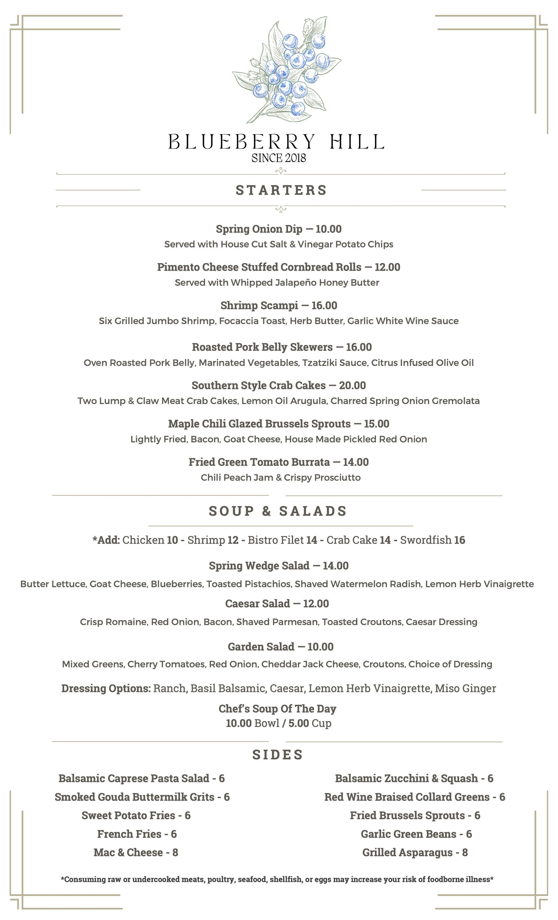 A menu for a restaurant called blueberry hill.