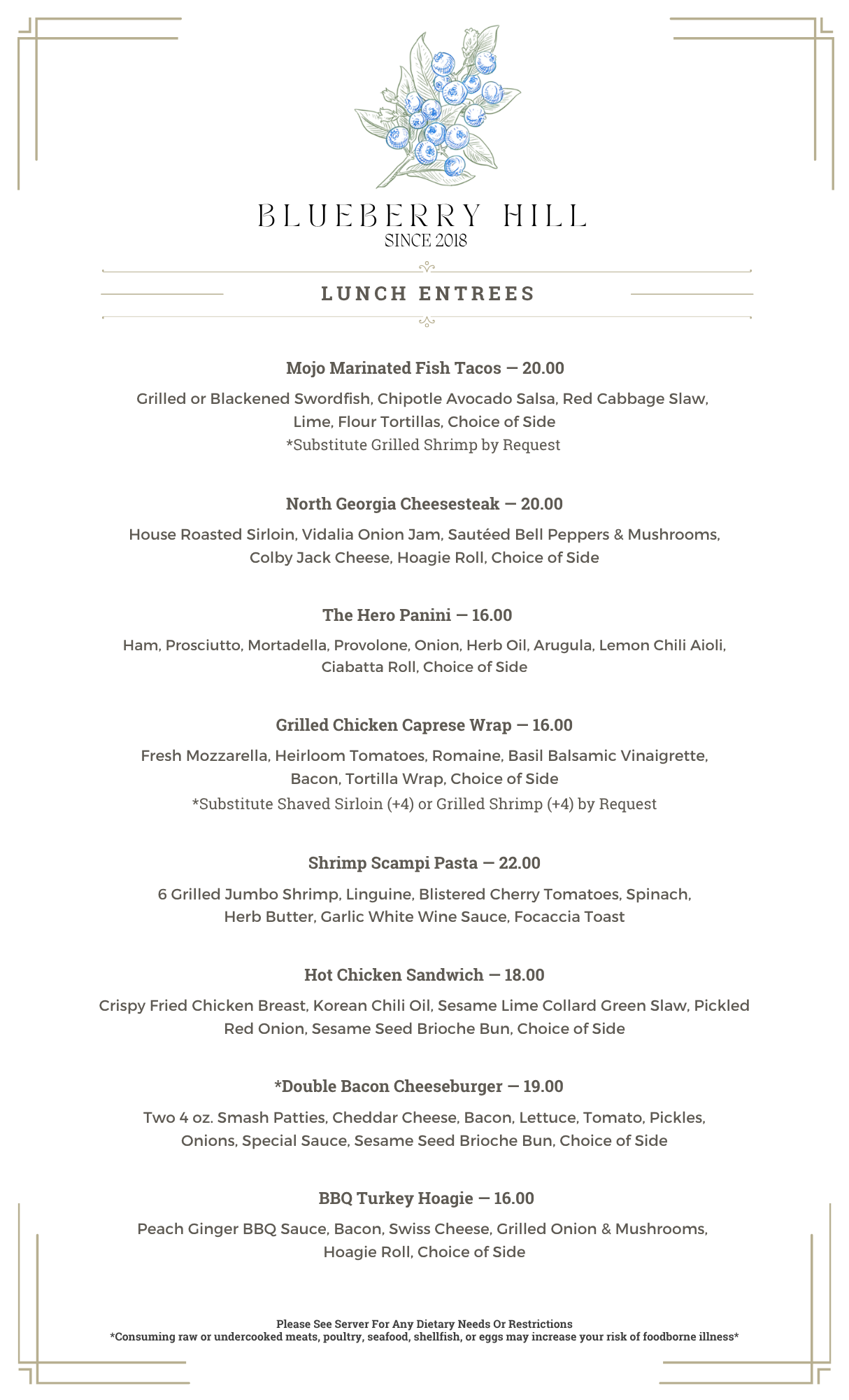 A menu for a restaurant called blueberry hill with a blue flower on it.