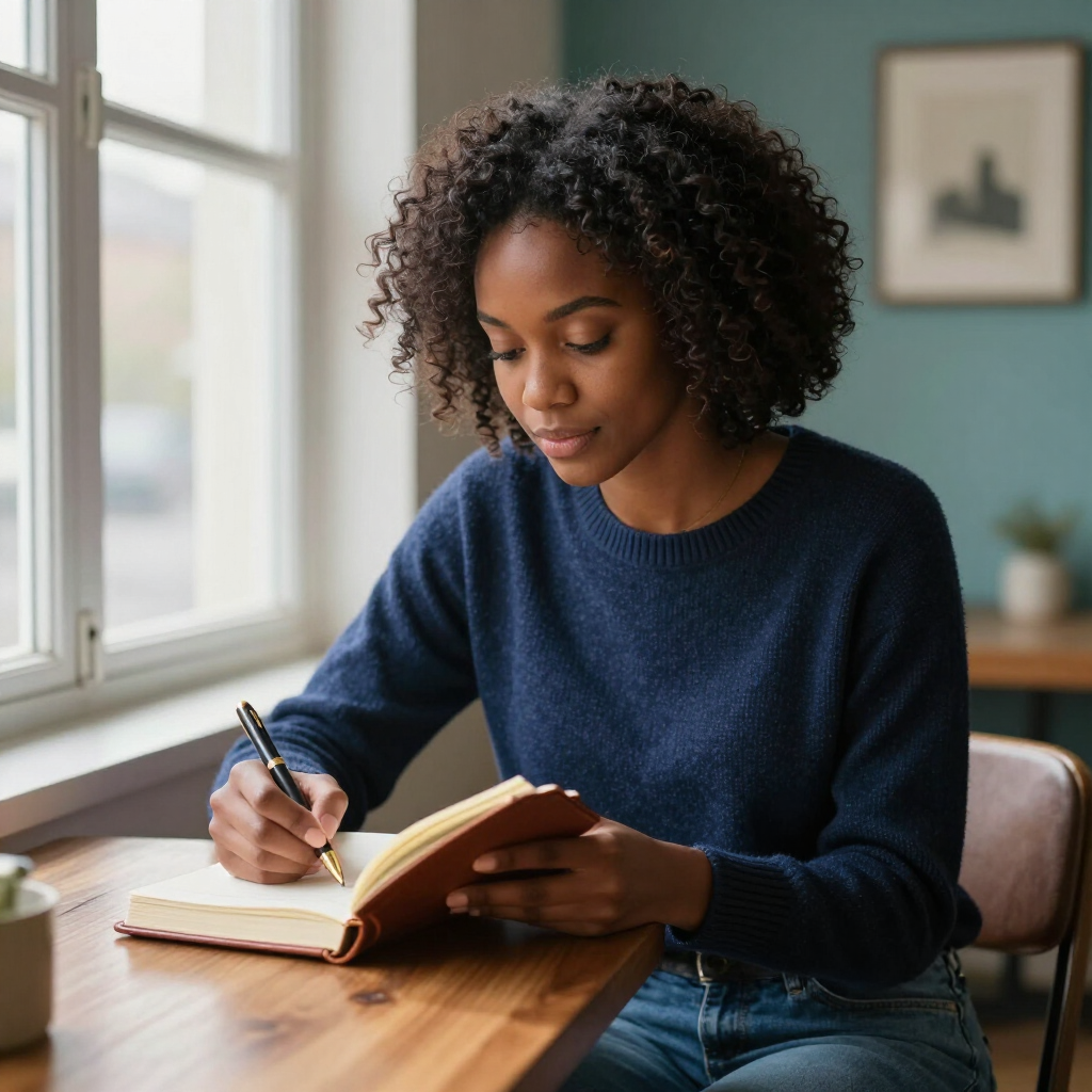 Woman writing in a notebook by a window, seated at a wooden table in a cozy room.