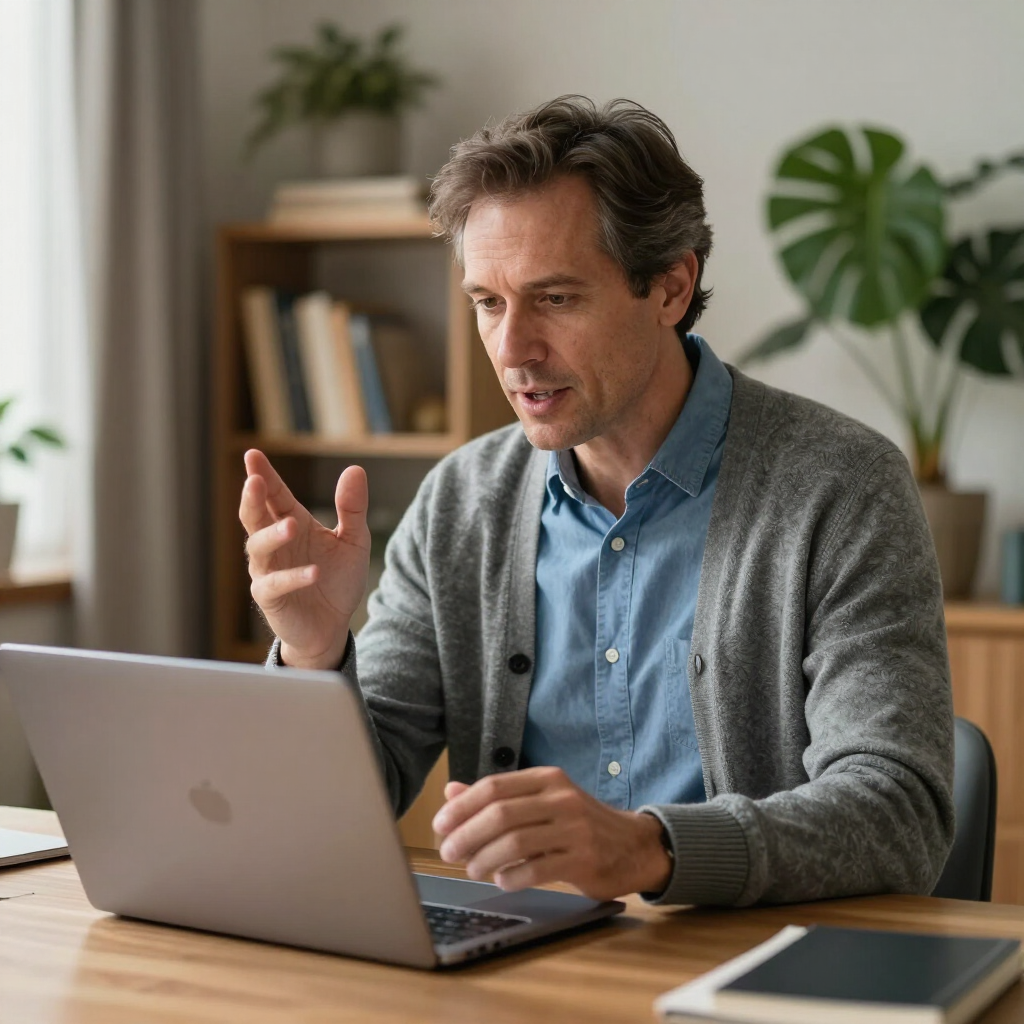 Man speaking on a video call at a laptop in a home office, gesturing with one hand