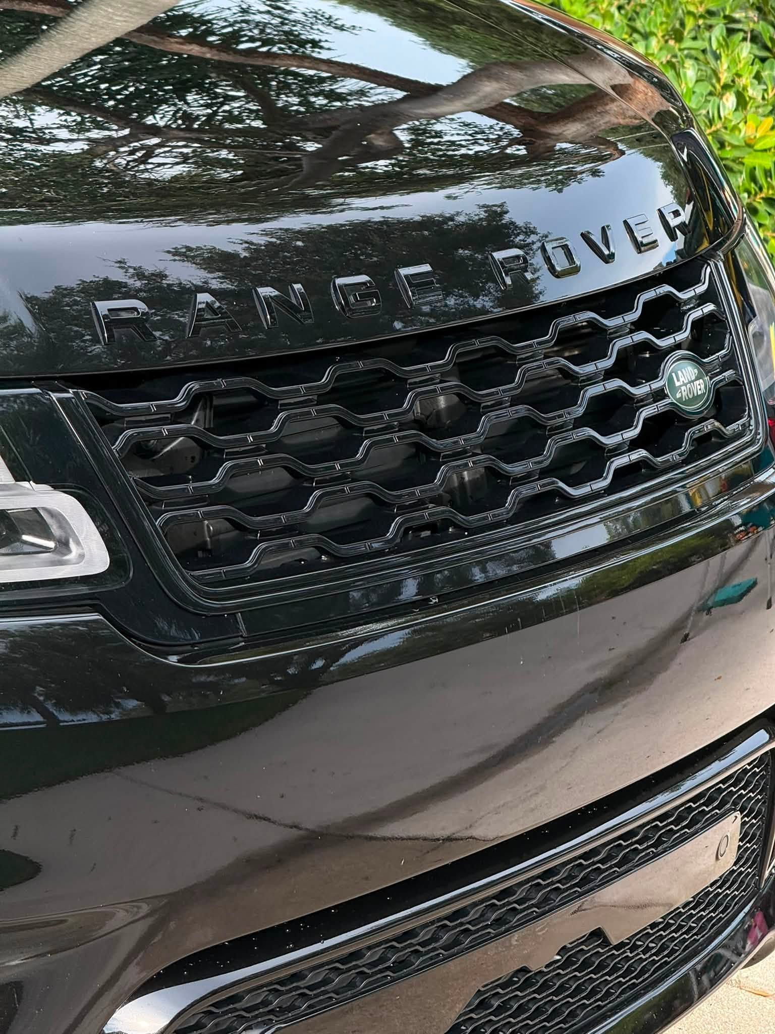 Close-up of a black Range Rover front grille and hood with chrome accents and tree reflections