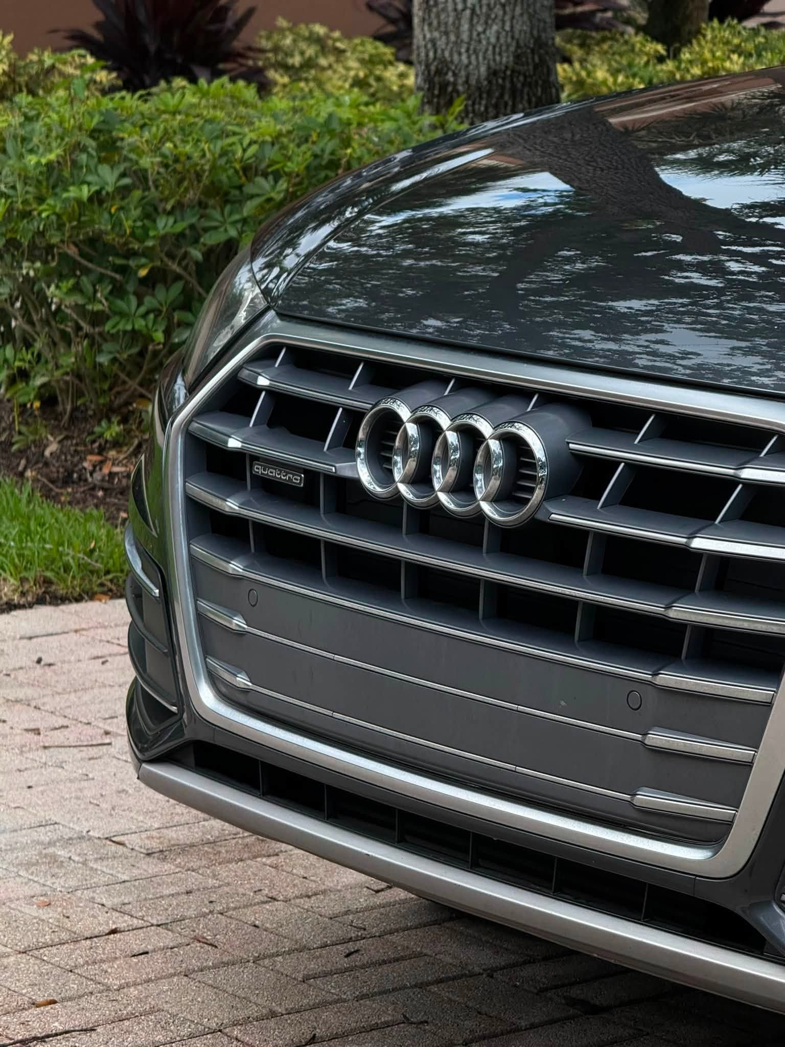 Front view of a black Audi car parked on a brick driveway near greenery