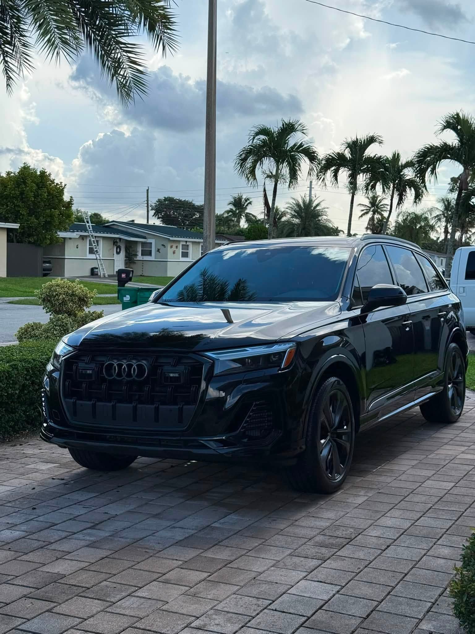 Black SUV parked on a brick driveway under palm trees in a suburban neighborhood