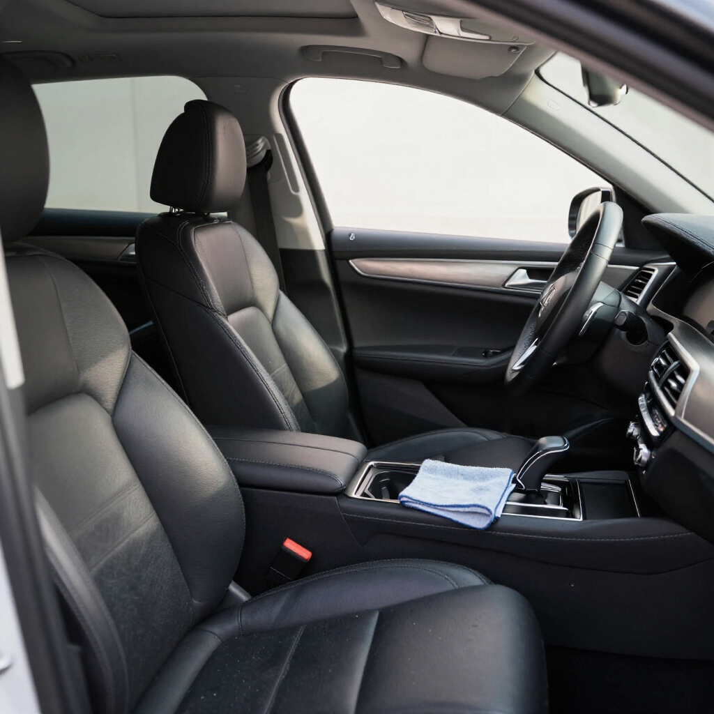 Car interior with black leather seats, center console, and a blue face mask on the dashboard
