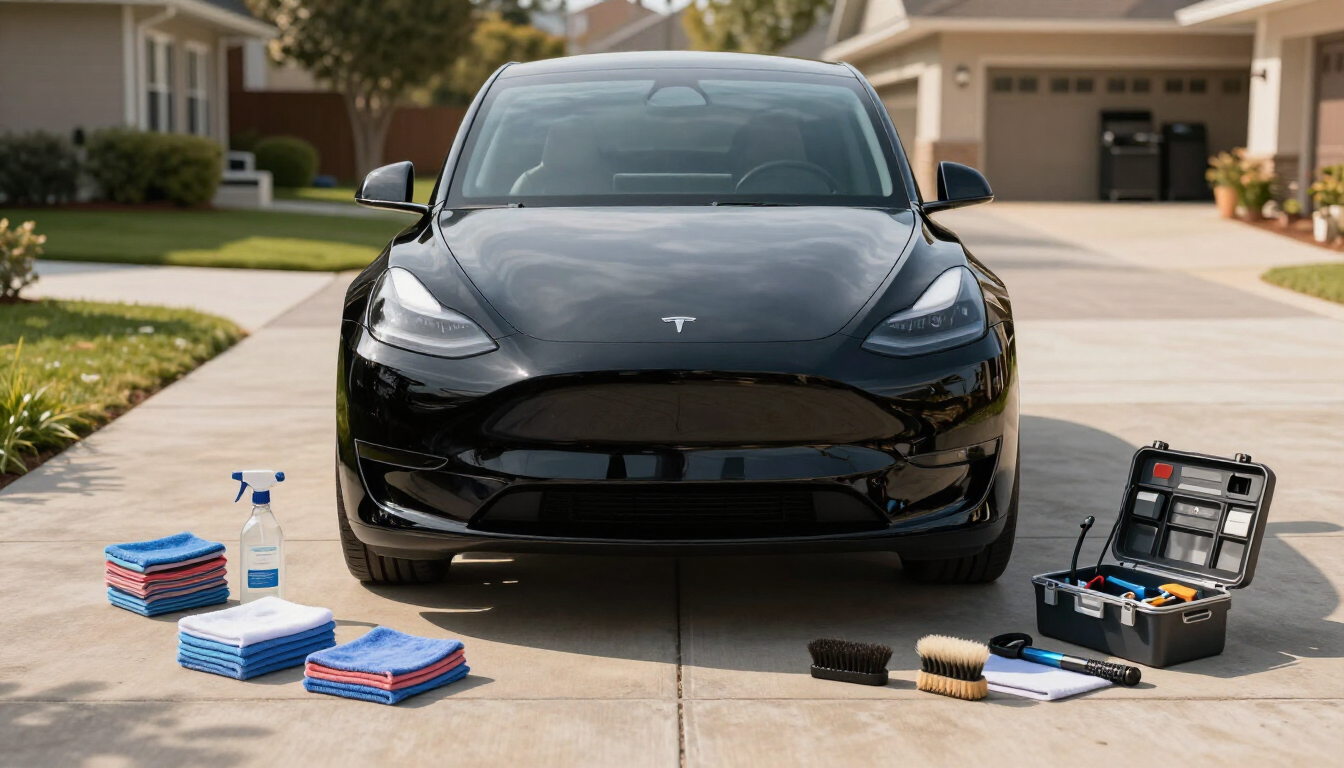 Black sedan in a driveway, surrounded by assorted tool kits and car accessories.