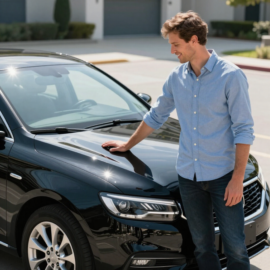 Man standing by a black car, smiling with hand on the hood in a sunny driveway
