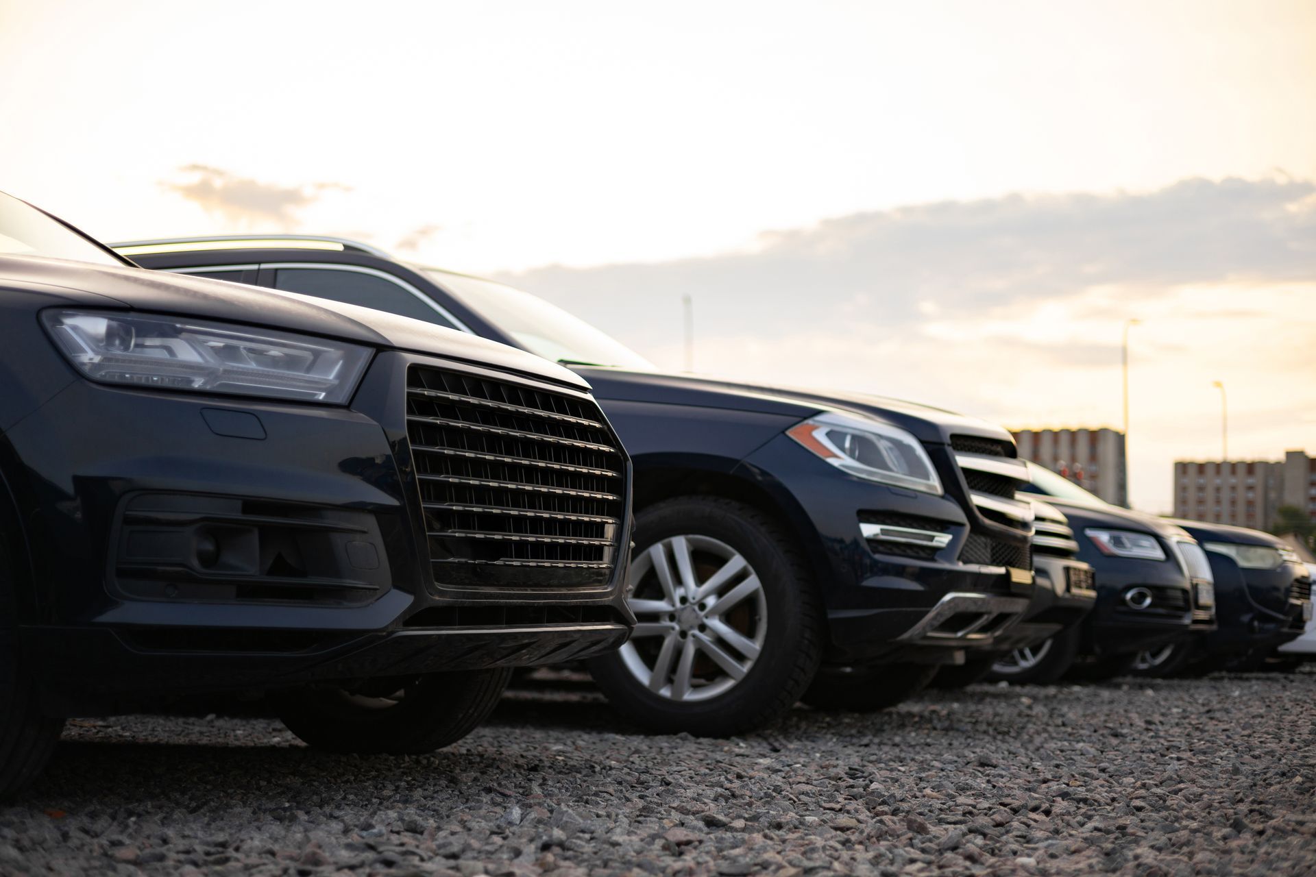 Row of dark blue cars parked on gravel at sunset
