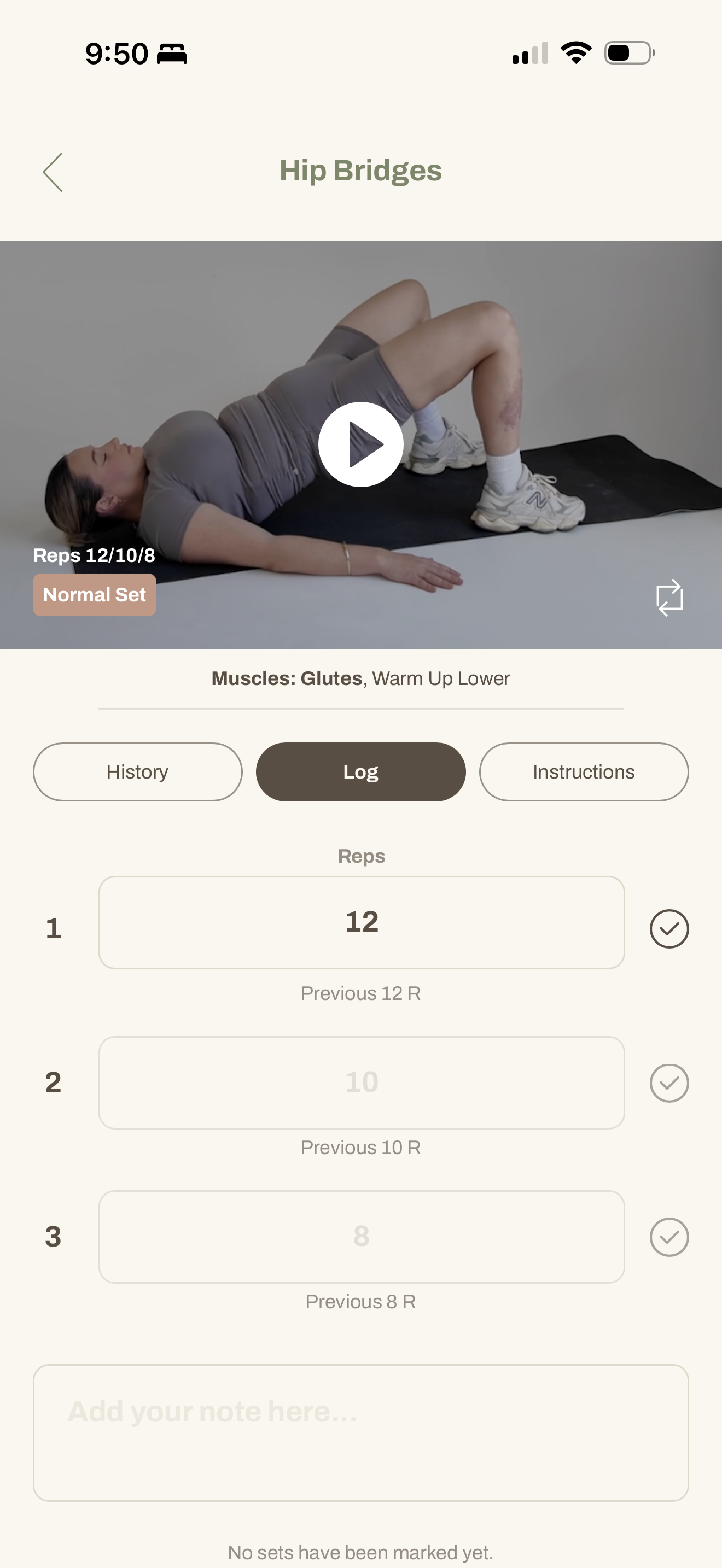 Inside a workout screen in the app