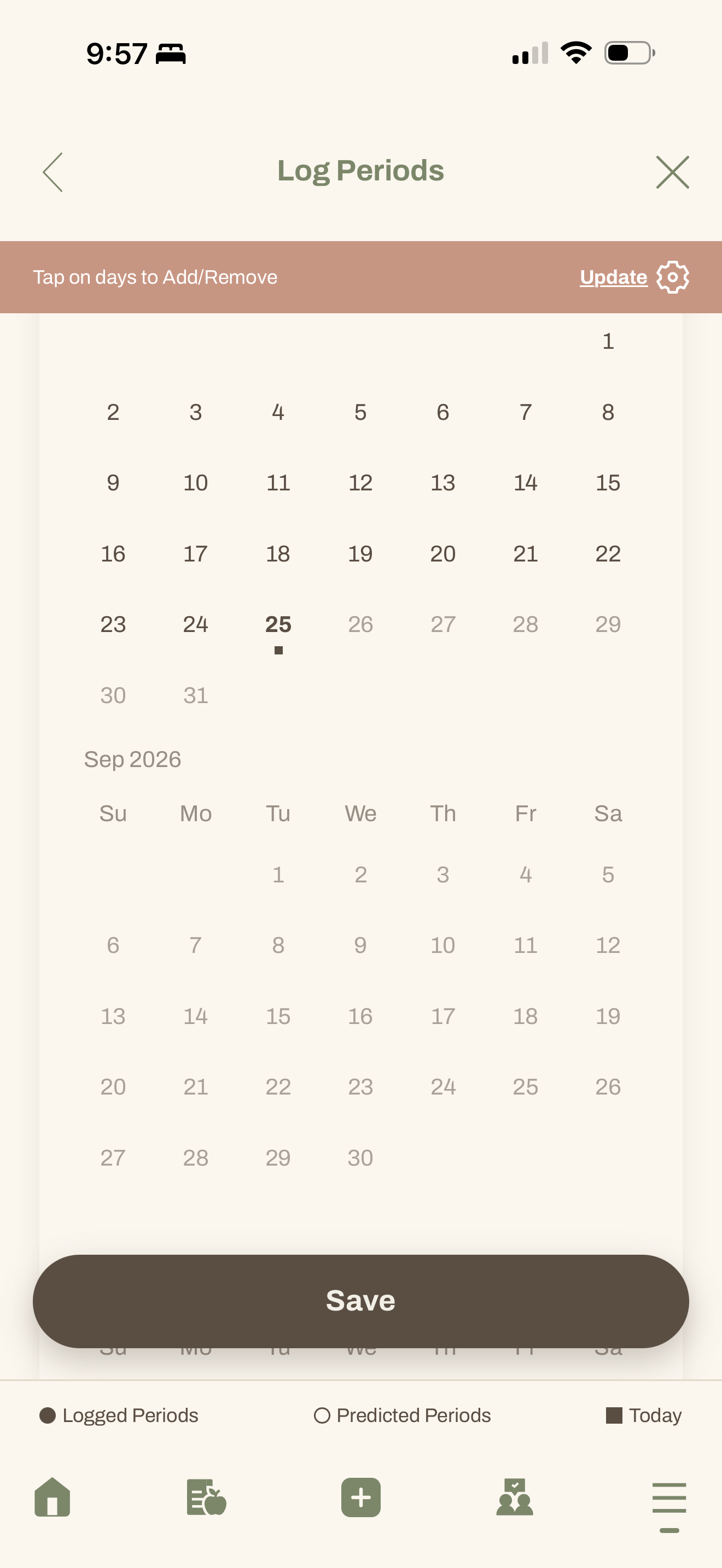Period tracking screen in the app