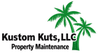 Logo for Kustom Kuts, LLC, featuring two green palm trees, with black text for company name and property maintenance tagline.