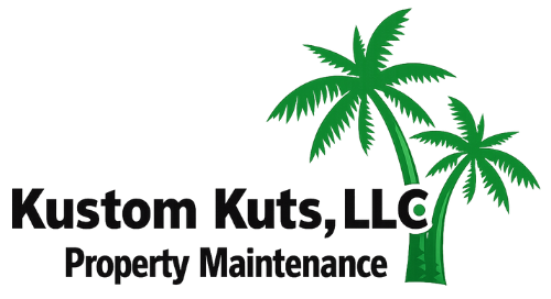 Logo for Kustom Kuts, LLC, featuring two green palm trees, with black text for company name and property maintenance tagline.