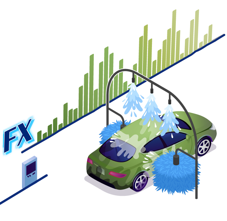An isometric illustration of a car being washed at a car wash.