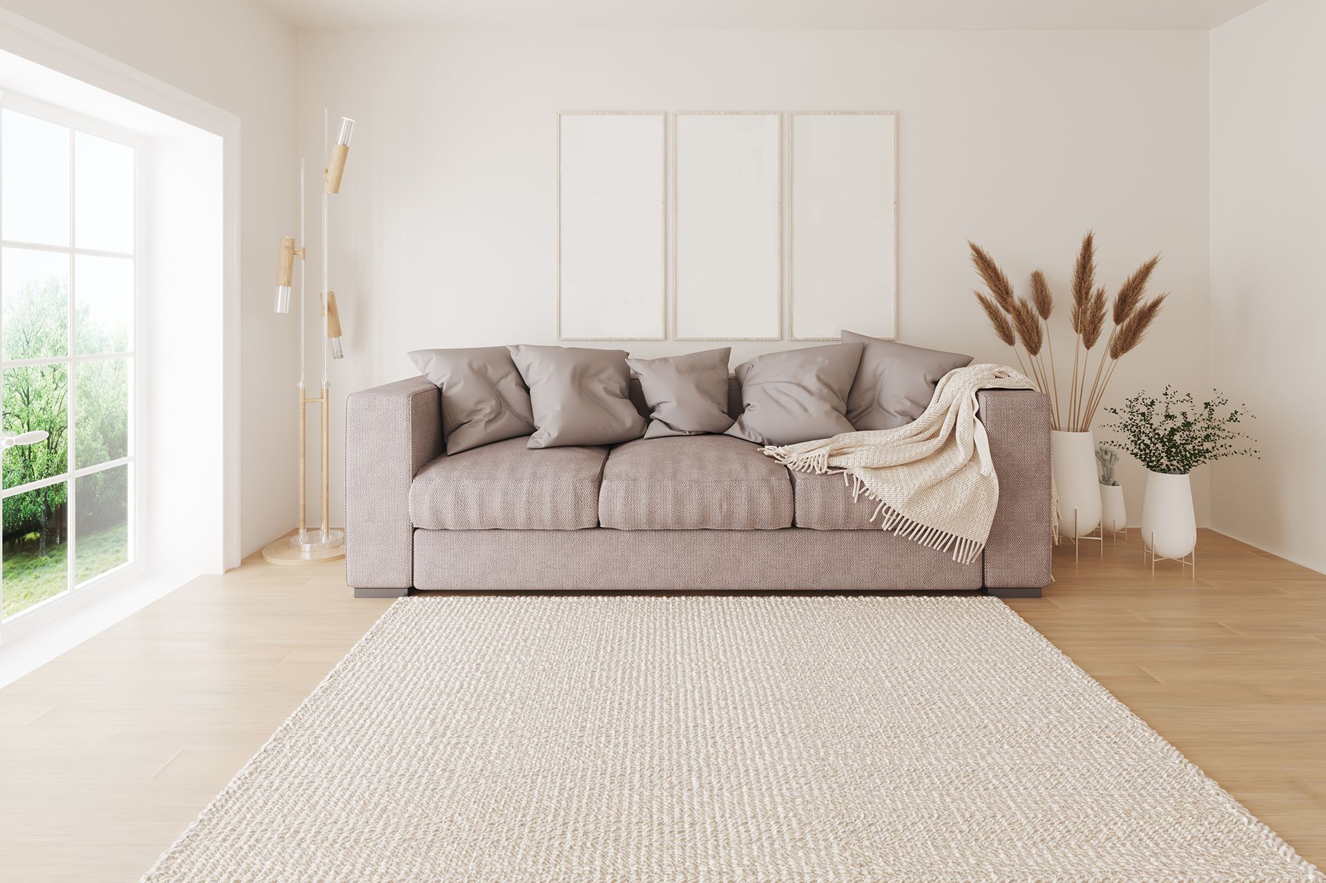 It is a living room with a couch and a rug.