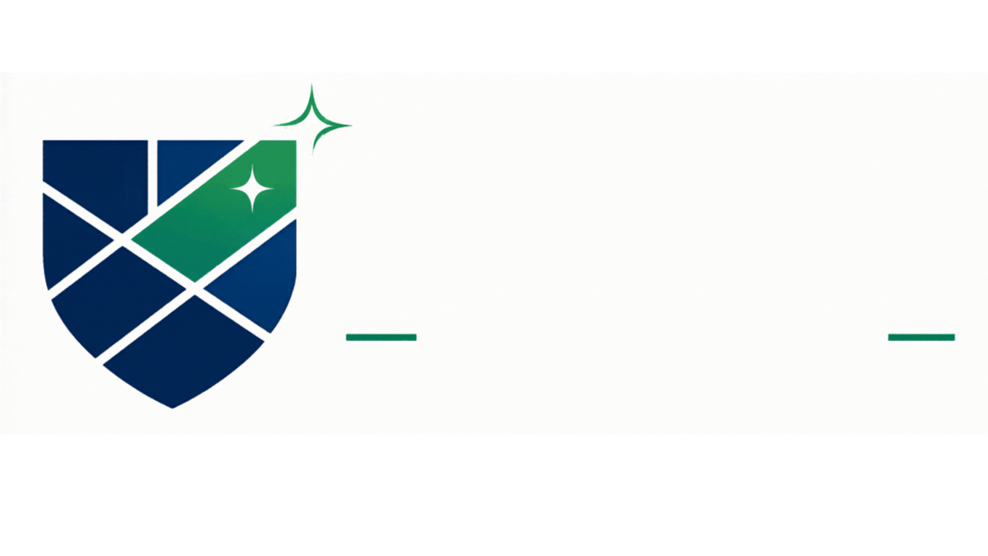 Blue shield logo with white diagonal lines and a green corner accent, plus small green dashes on a white background