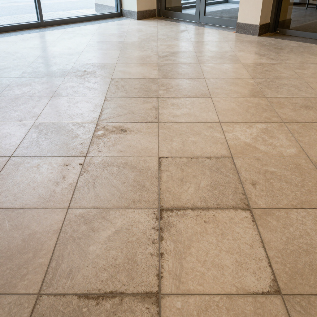 Empty tiled floor in a bright indoor entryway with glass doors in the background