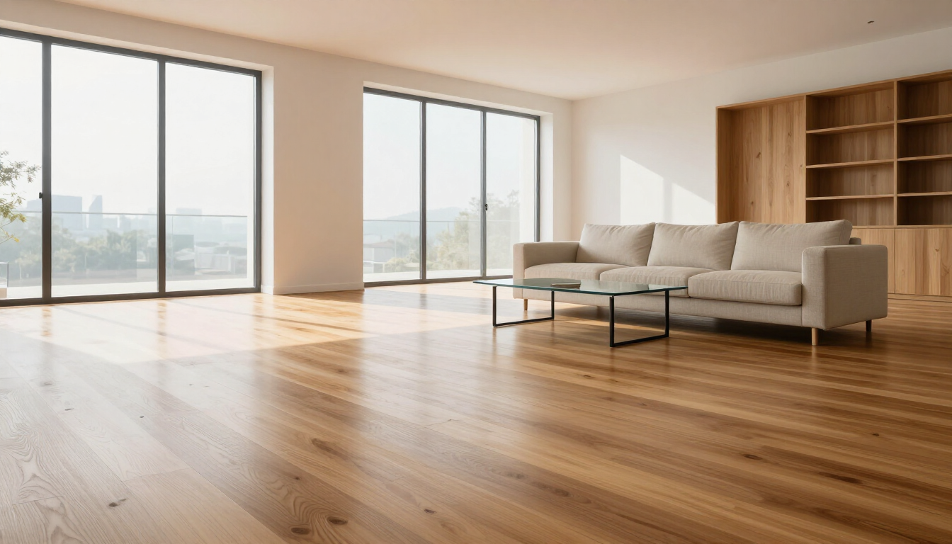 Close-up of a perfectly maintained hardwood floor with natural light reflecting off the surface.