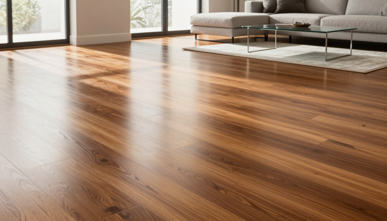 A perfectly cleaned and shiny hardwood floor in a bright residential home.