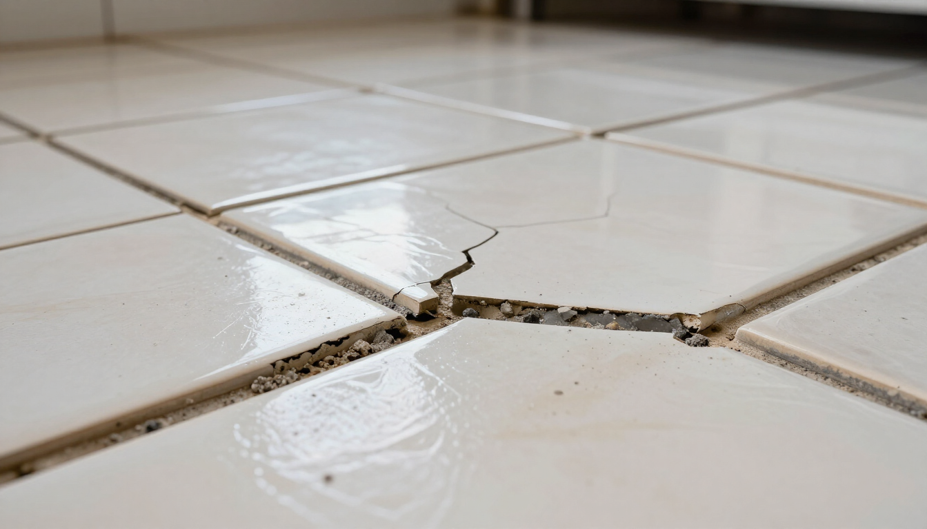 Cracked ceramic tile and dirty grout lines