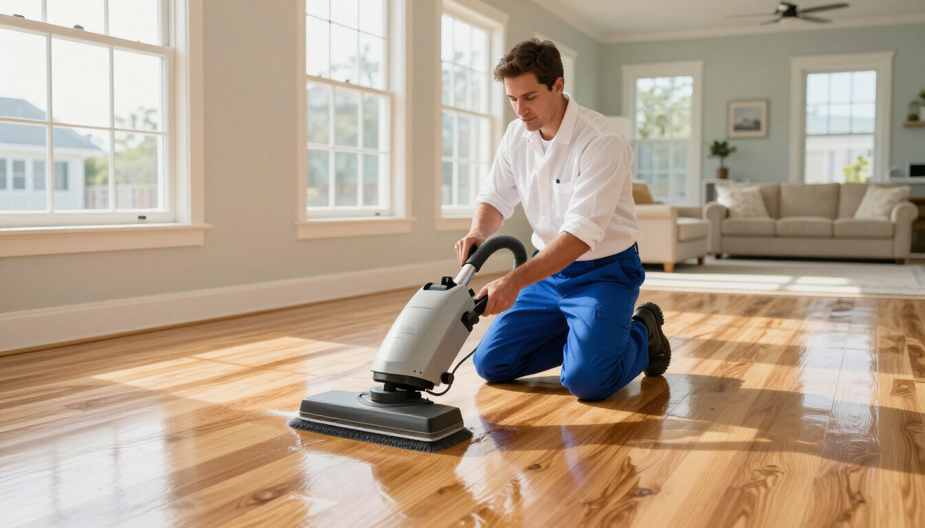 Professional technician deep cleaning hardwood floors with equipment