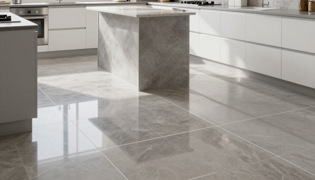 Modern kitchen with immaculate tile and grout floors