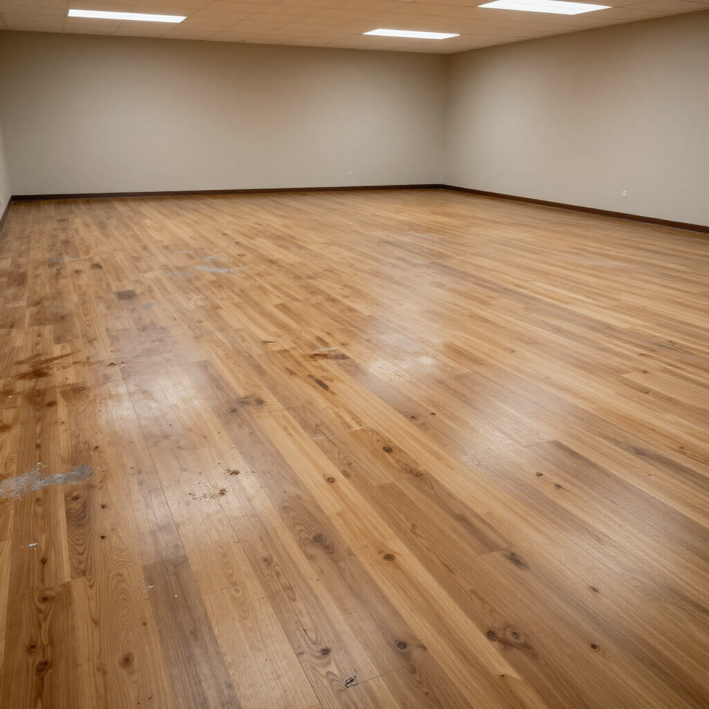 Empty room with polished wooden floor and beige walls under recessed ceiling lights