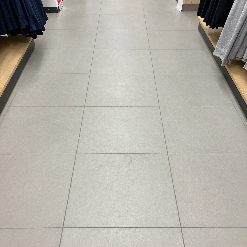 A store aisle with light gray tiled floor and clothing racks on both sides