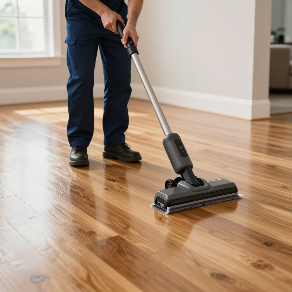 Person using a vacuum cleaner on a polished wooden floor in a bright room
