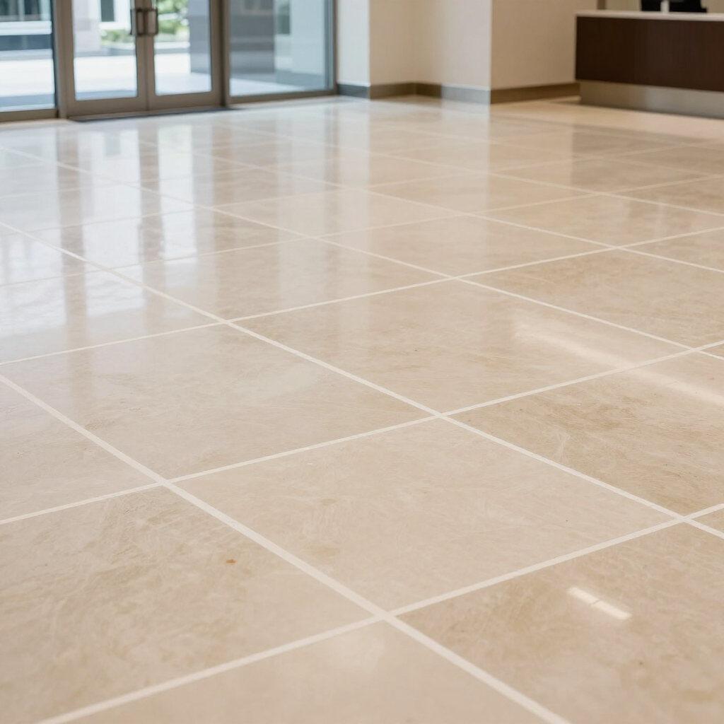 Empty beige tiled lobby with glass doors and reflective floor, viewed from a low angle