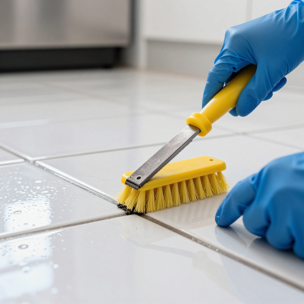Blue-gloved hands cleaning white tile grout with a yellow brush and scraper