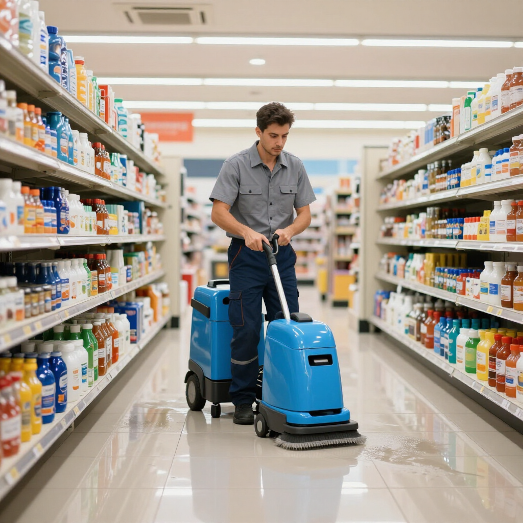 Person cleaning a supermarket aisle with a blue floor scrubber