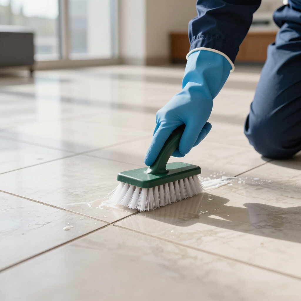 Gloved hand scrubbing a tiled floor with a green brush and white bristles indoors