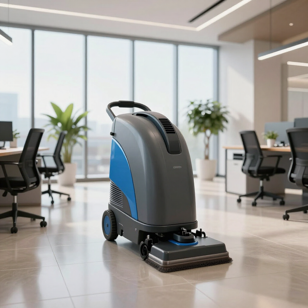 Autonomous floor-cleaning robot in a bright modern office with desks and plants