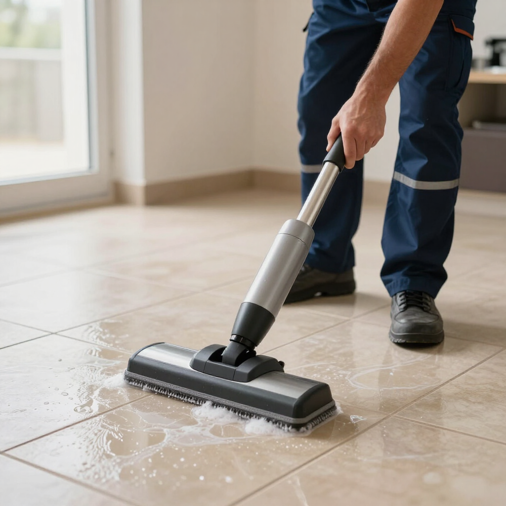 Person mopping wet tile floor with a floor-cleaning tool indoors