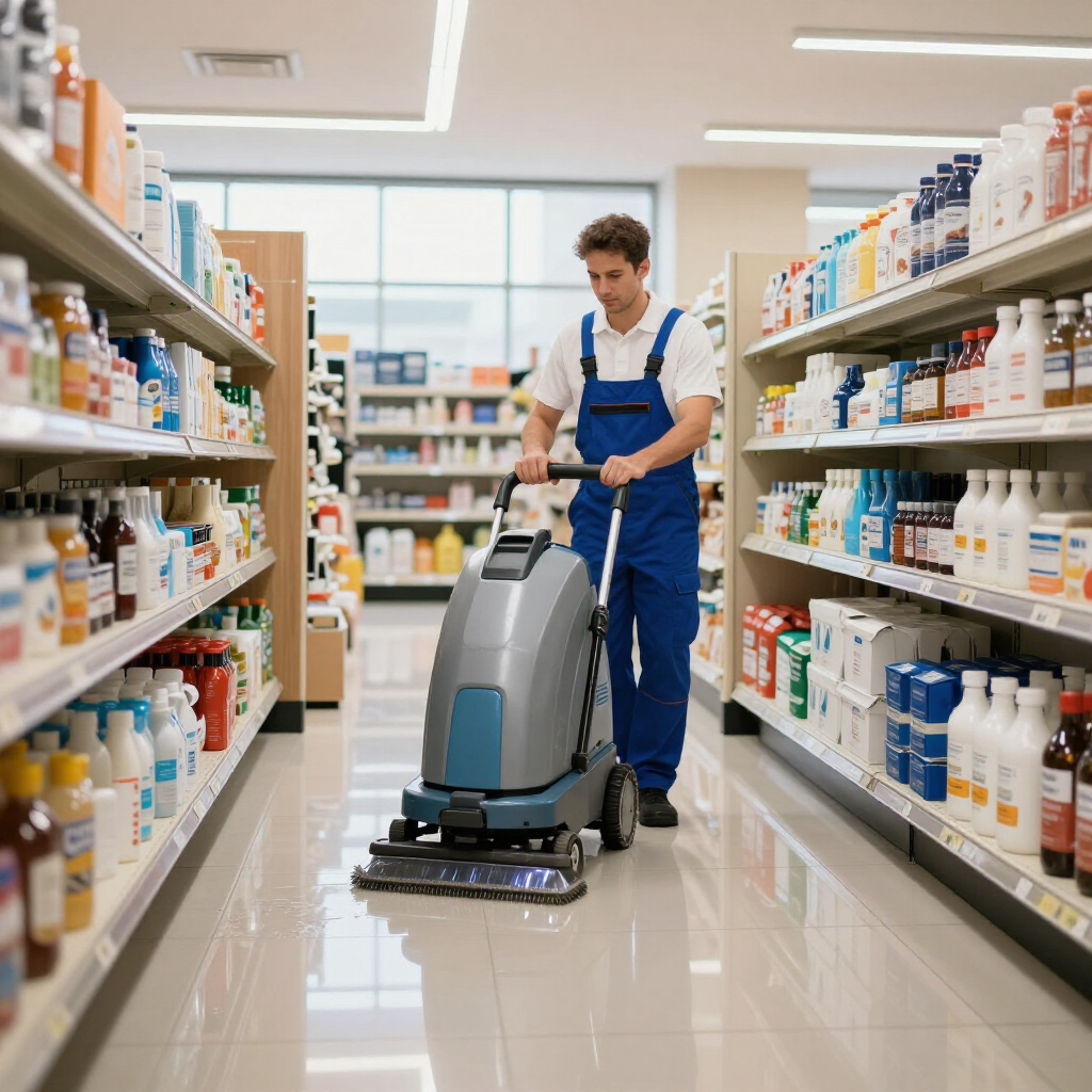 Person cleaning a pharmacy aisle with a floor scrubber between shelves of medicine bottles.
