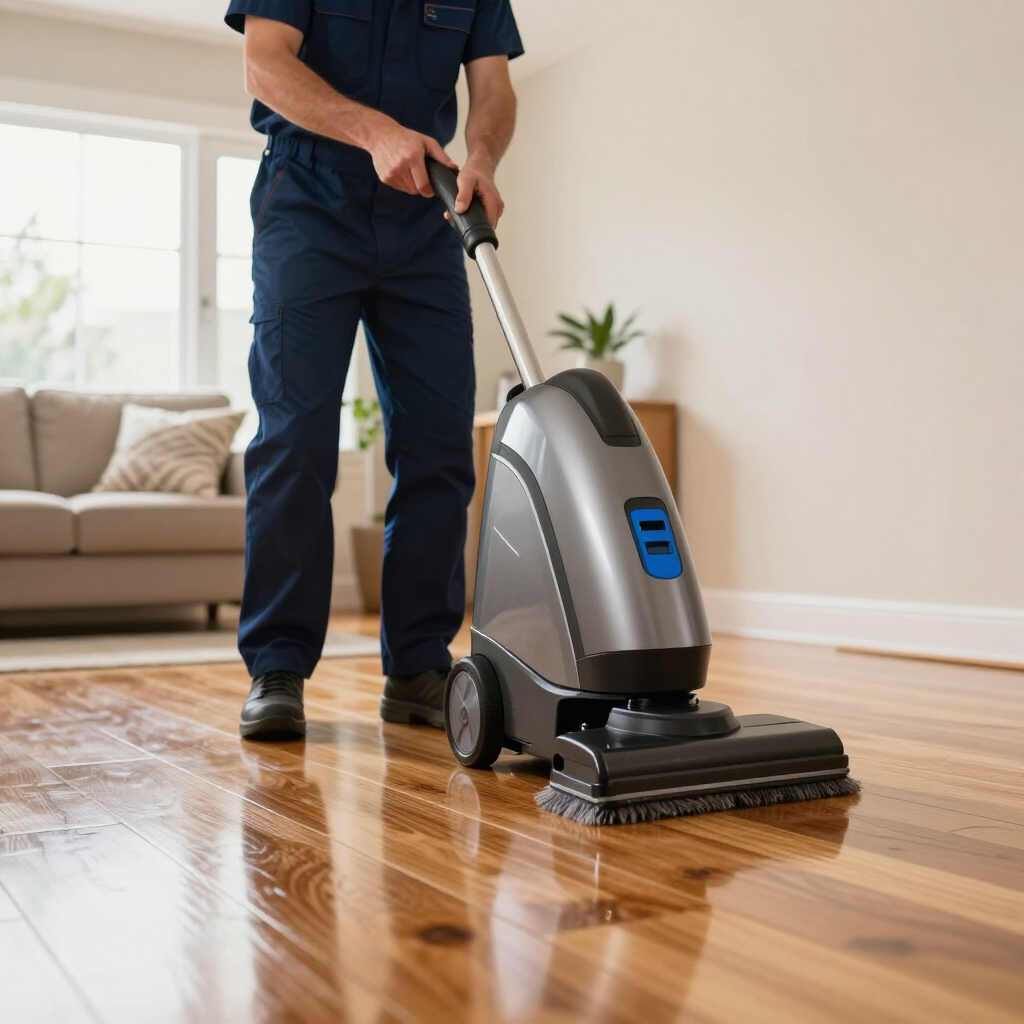 Person buffing a wooden floor with a floor polisher in a bright living room