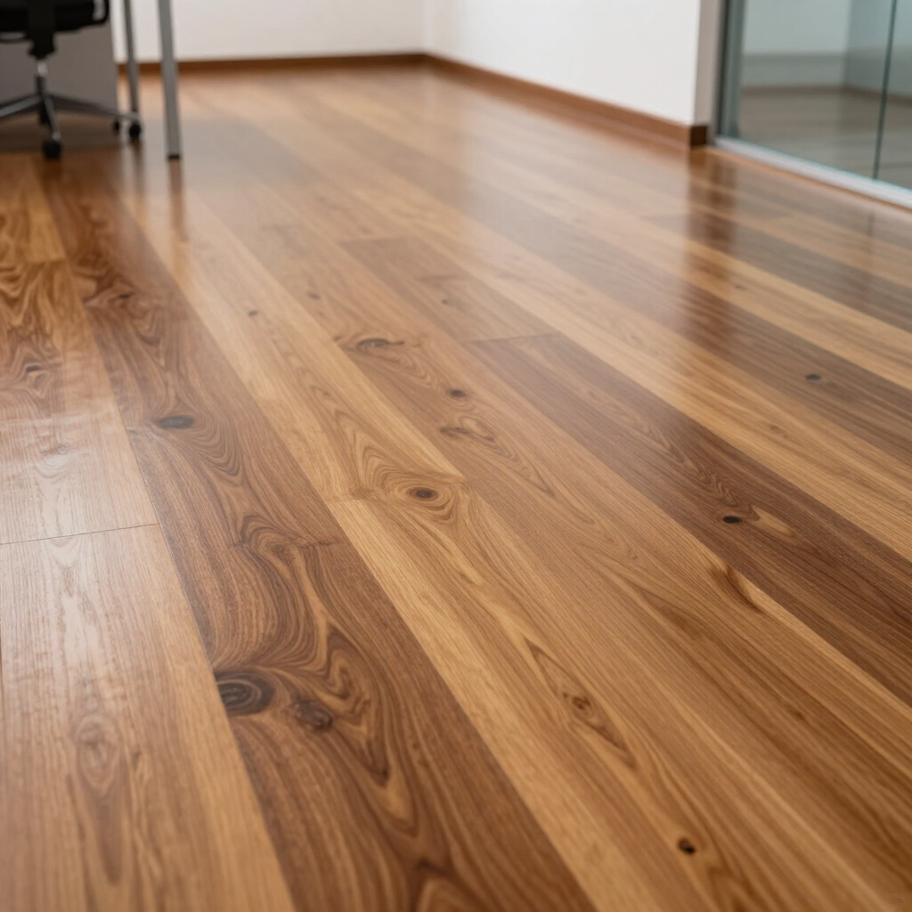 Close-up of polished wooden floor in a bright room with glass walls