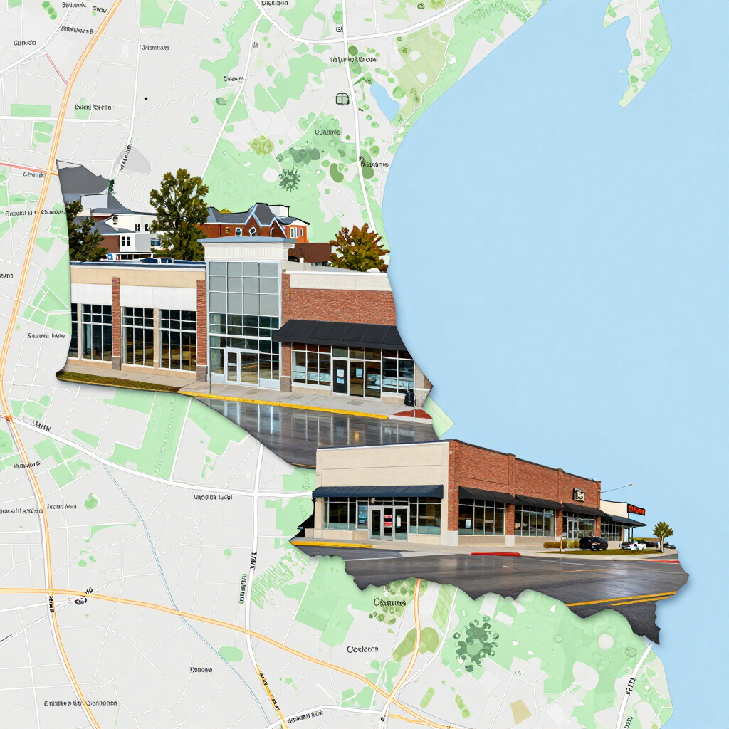Two views of a modern building with a red roof overlaid on a map background.