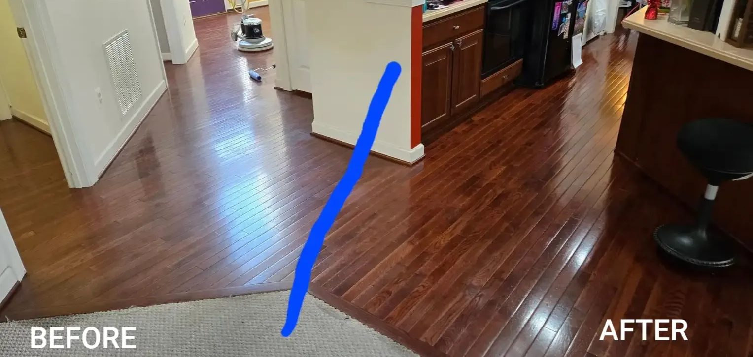 Side-by-side before and after of a hardwood floor refinishing, with a blue divider line.
