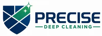 Precise Deep Cleaning logo with blue shield and green sparkle on white background