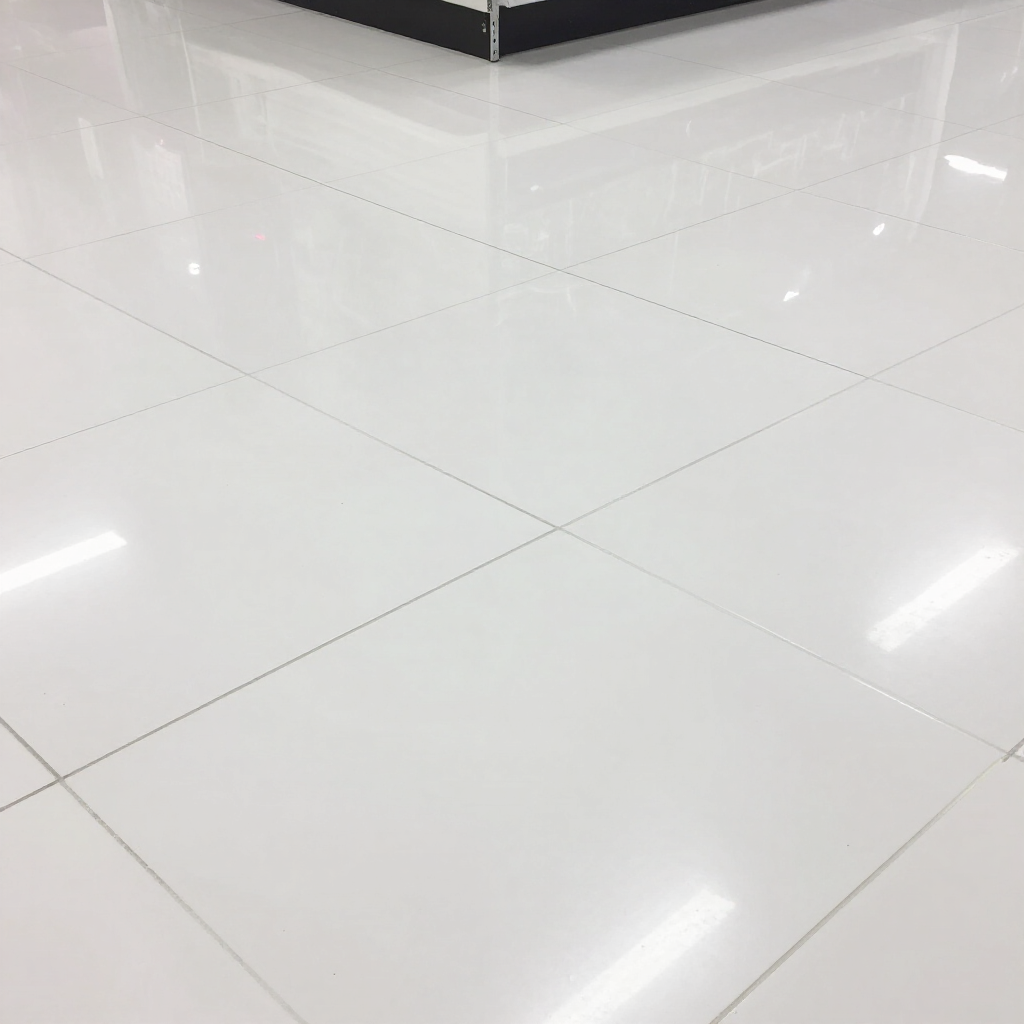 Glossy white tiled floor with reflections in a bright indoor space