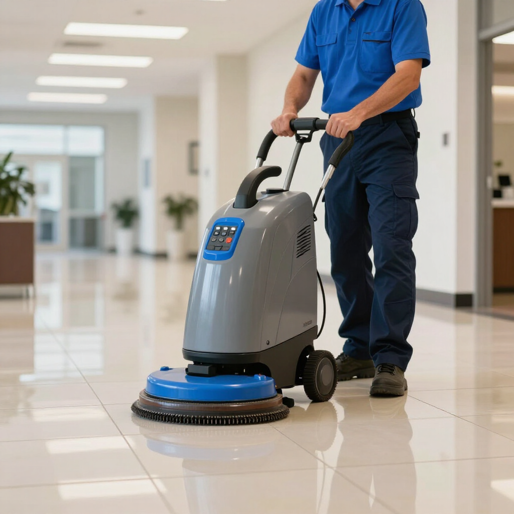 Janitor operating a floor scrubber in a bright hallway with glossy tile floors