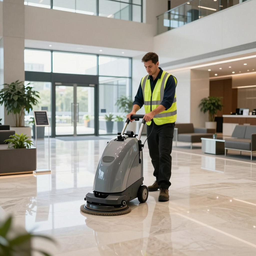 Cleaner using a floor scrubber in a bright modern lobby
