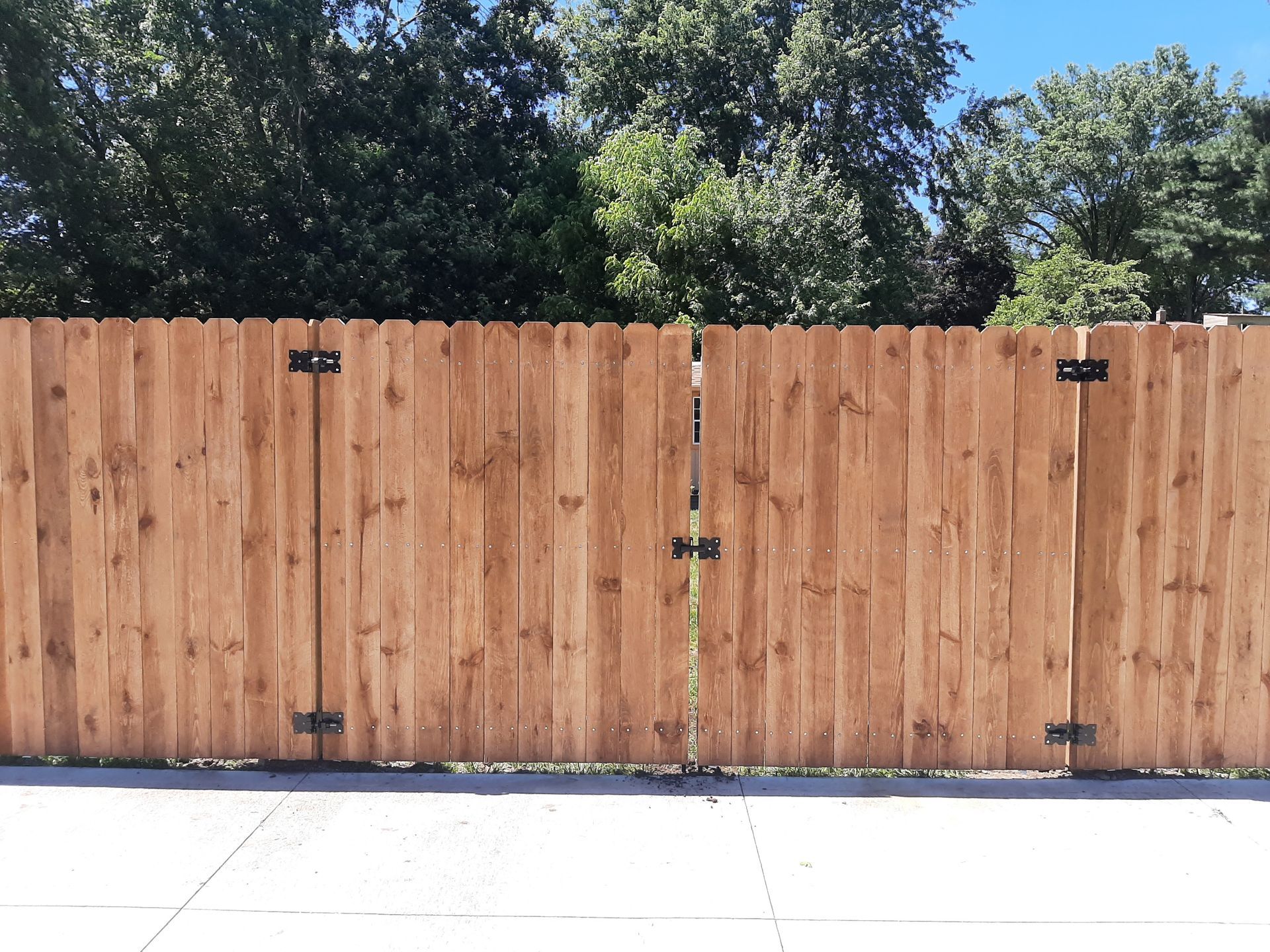 Wooden fence with two gates, brown planks, black hinges and latch, against a tree backdrop.